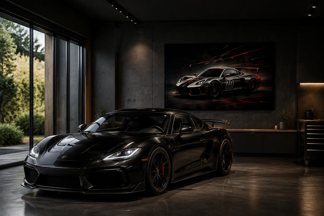 Modern garage with black sports car and automotive wall art