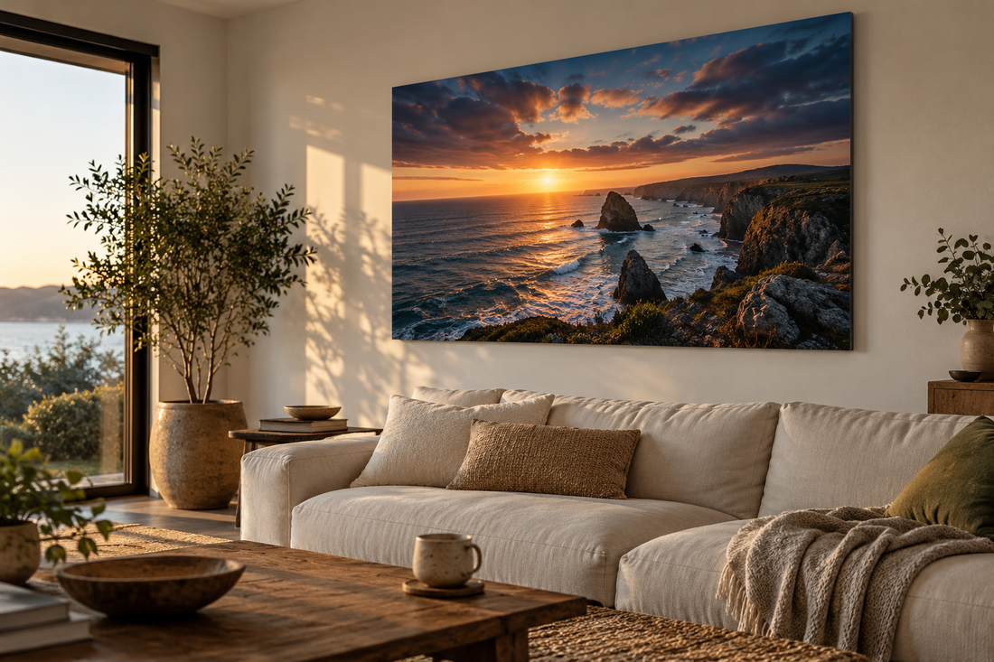 Coastal landscape photograph displayed as frameless 3 mm metal wall art in a modern living room