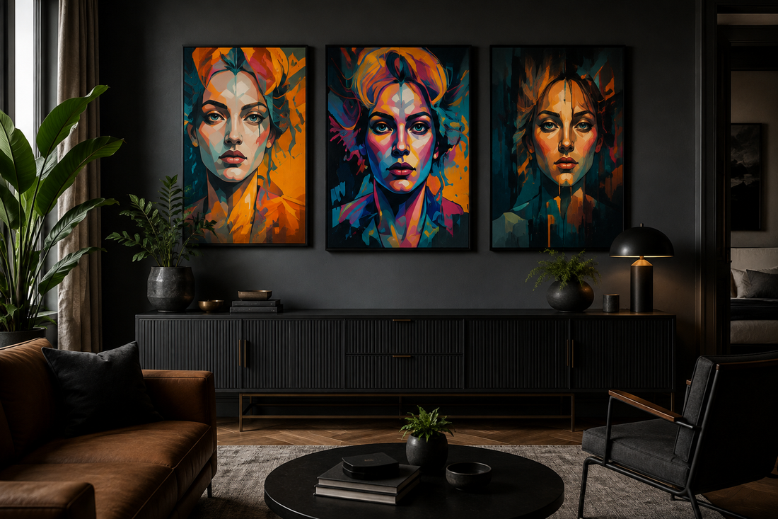 Dark modern living room with colorful gallery wall