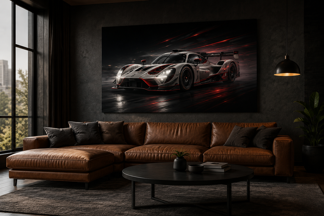 Modern living room with automotive metal wall art
