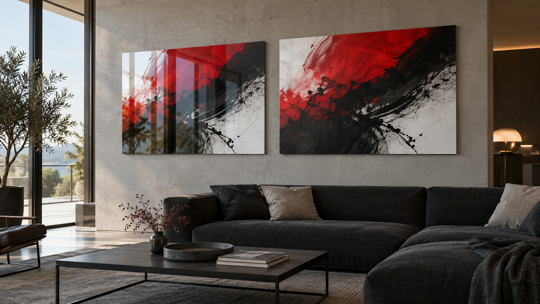 Glossy and matte frameless metal prints displayed side by side in a modern living room