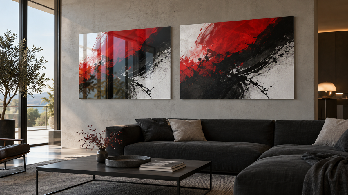 Glossy and matte frameless metal prints displayed side by side in a modern living room