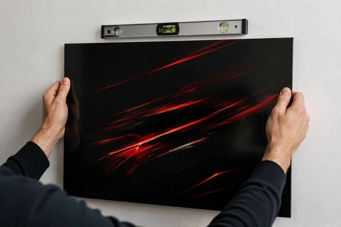 Hands hanging a frameless metal poster with a spirit level