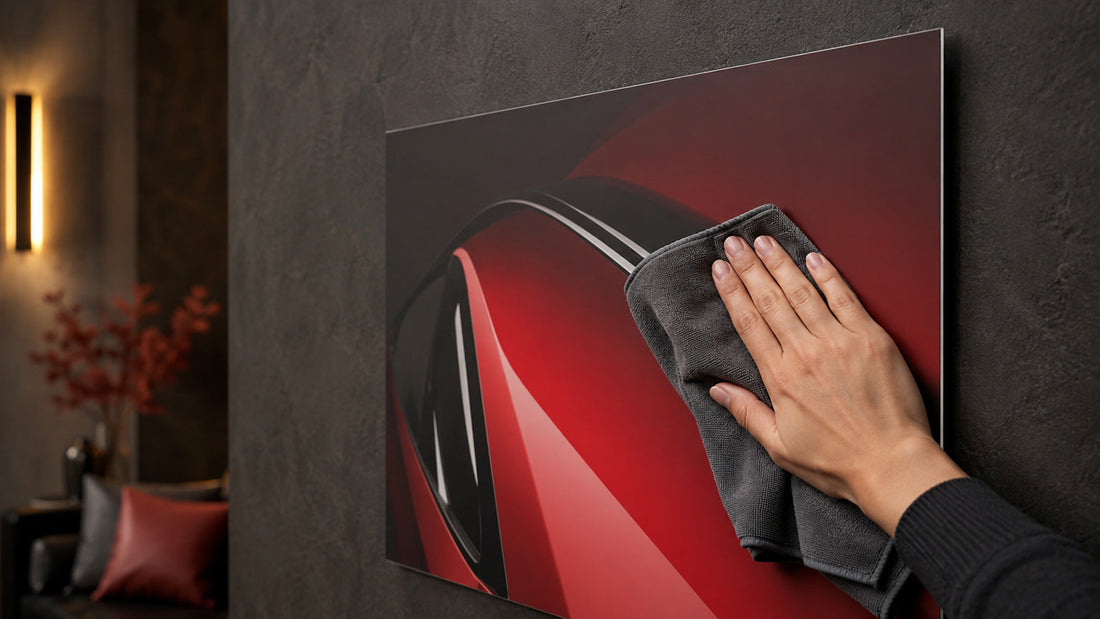 Hand gently cleaning a frameless metal wall art print with a soft microfiber cloth