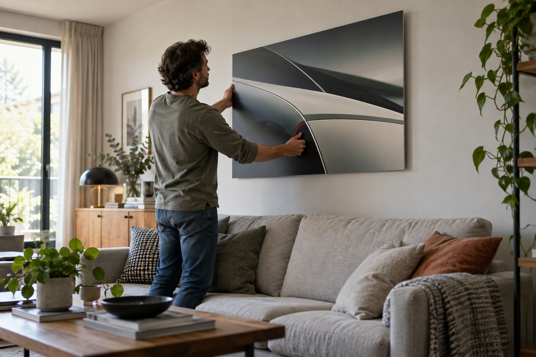 Homeowner positioning frameless metal wall art above a modern living room sofa