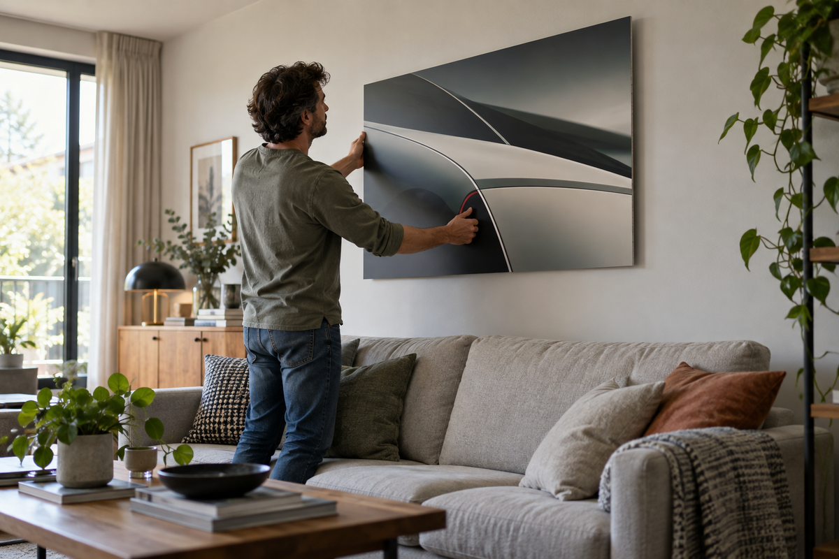 Homeowner positioning frameless metal wall art above a modern living room sofa