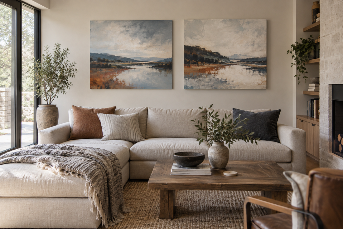 Metal print and canvas print displayed side by side in a modern living room