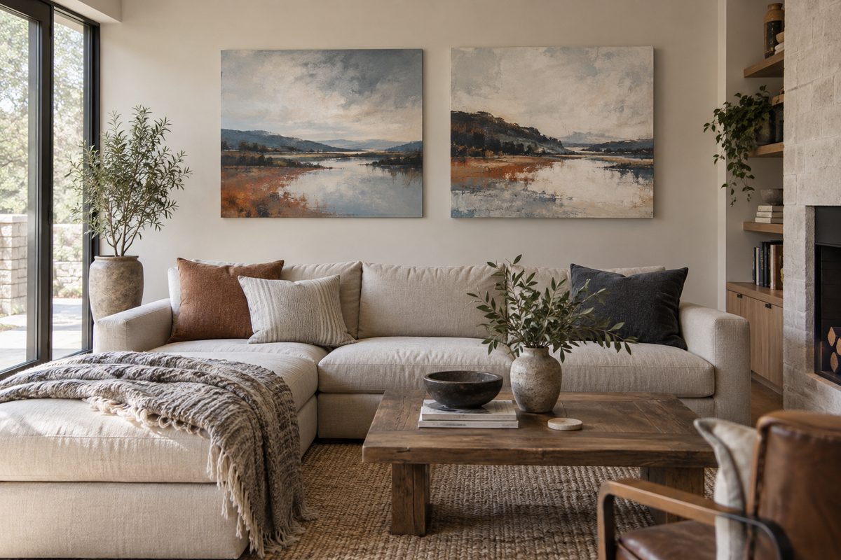 Metal print and canvas print displayed side by side in a modern living room