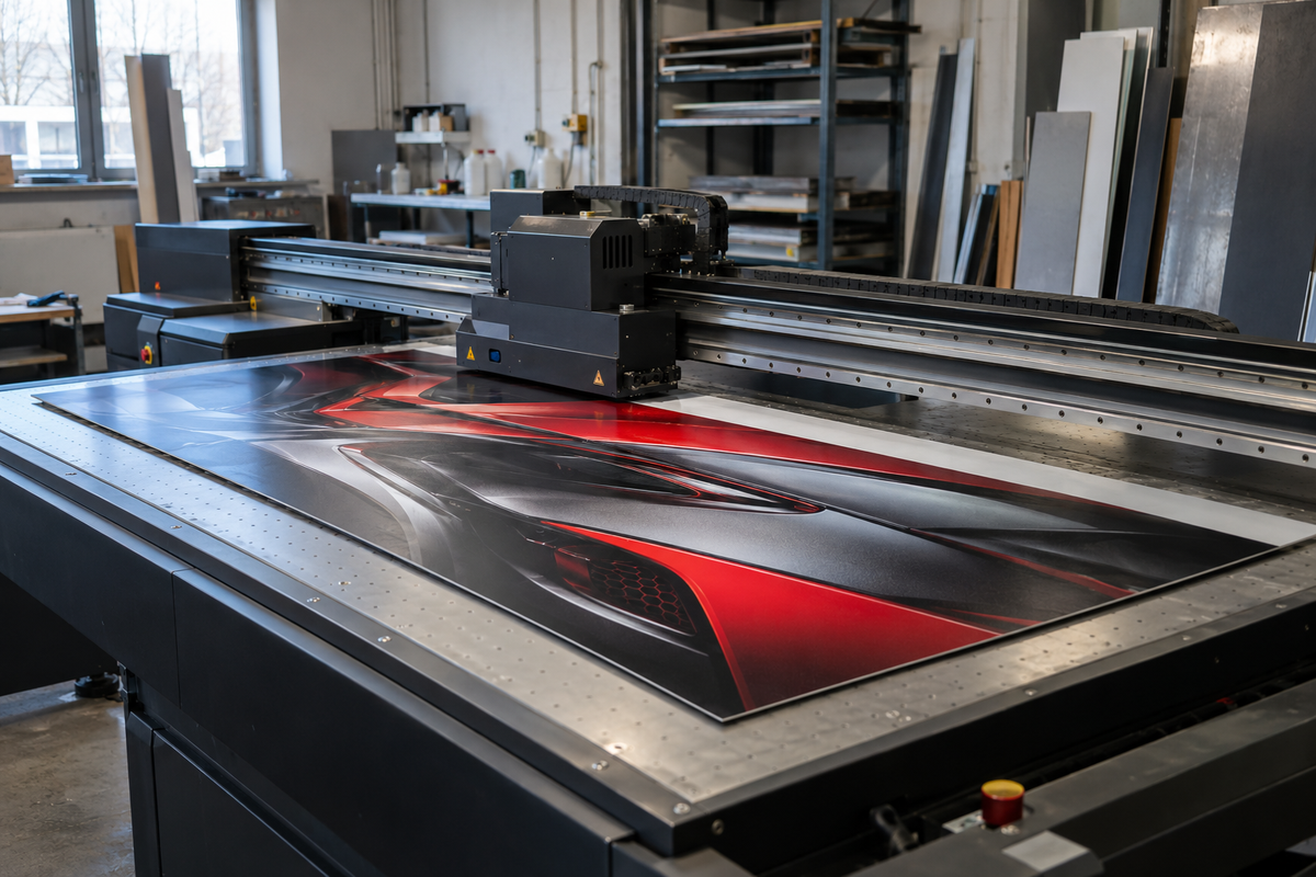 UV flatbed printer producing frameless metal wall art on an aluminium composite panel