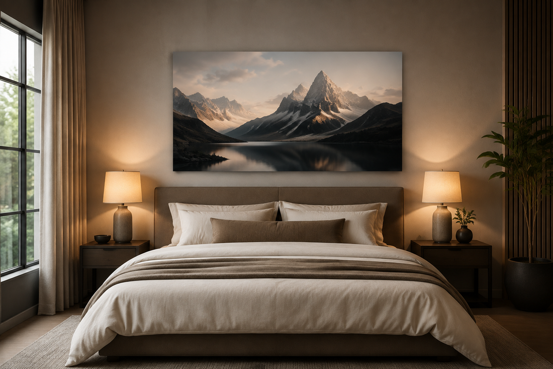 Bedroom with large landscape wall art above the bed