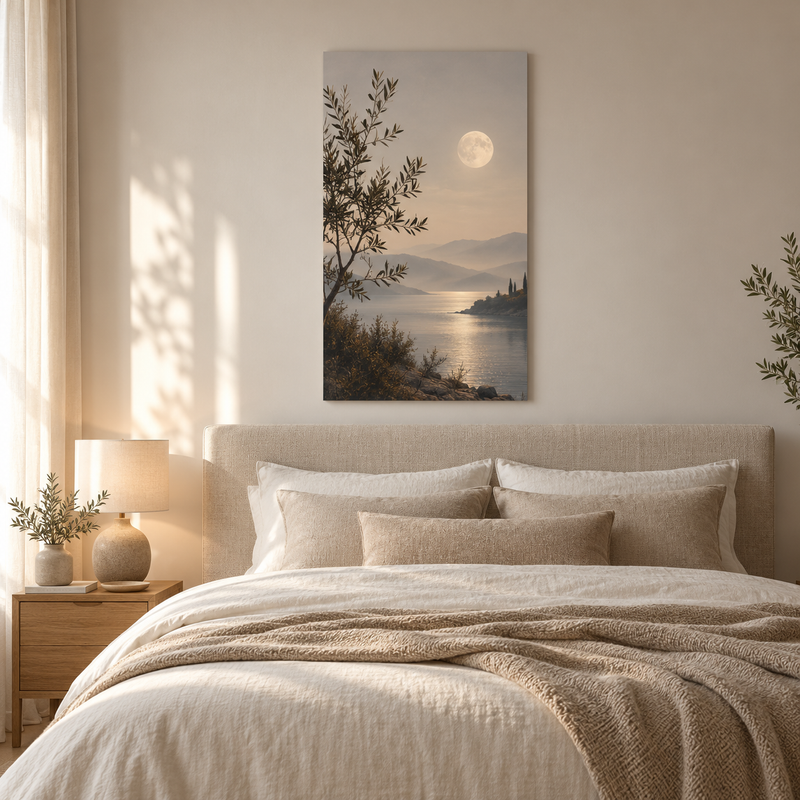 Serene bedroom with minimalist Dibond metal wall art