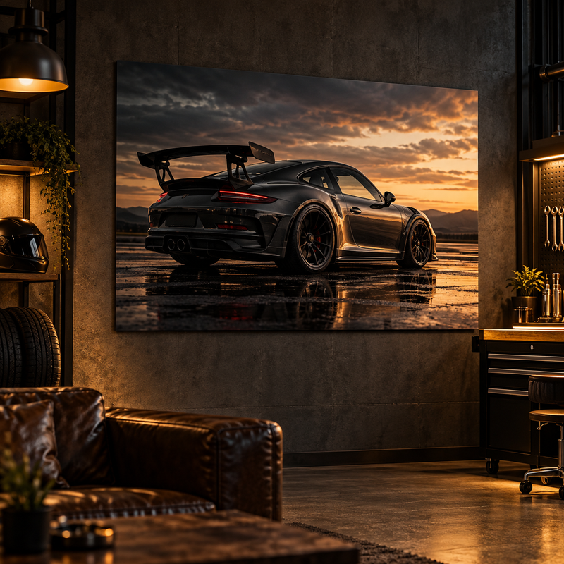 Dark premium garage and man cave with automotive Dibond metal wall art