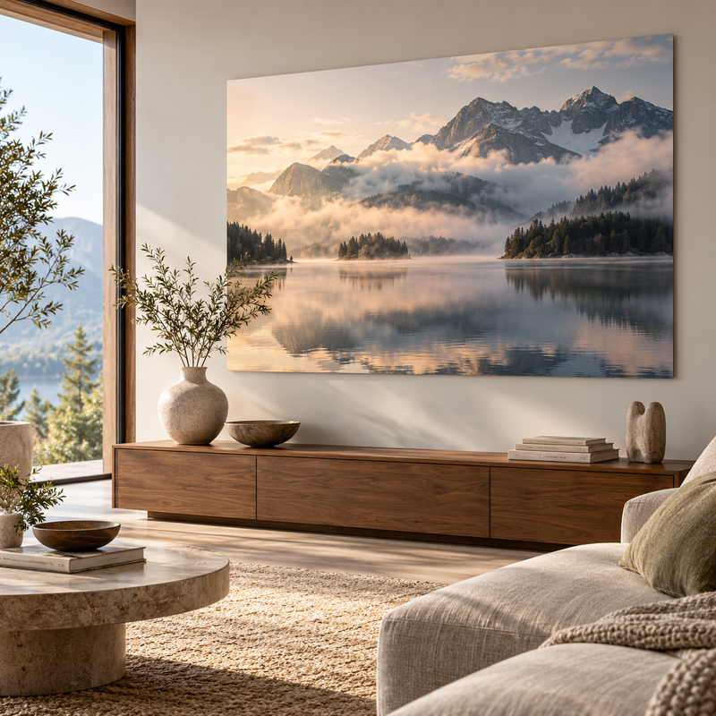 Contemporary living room with mountain landscape Dibond metal wall art