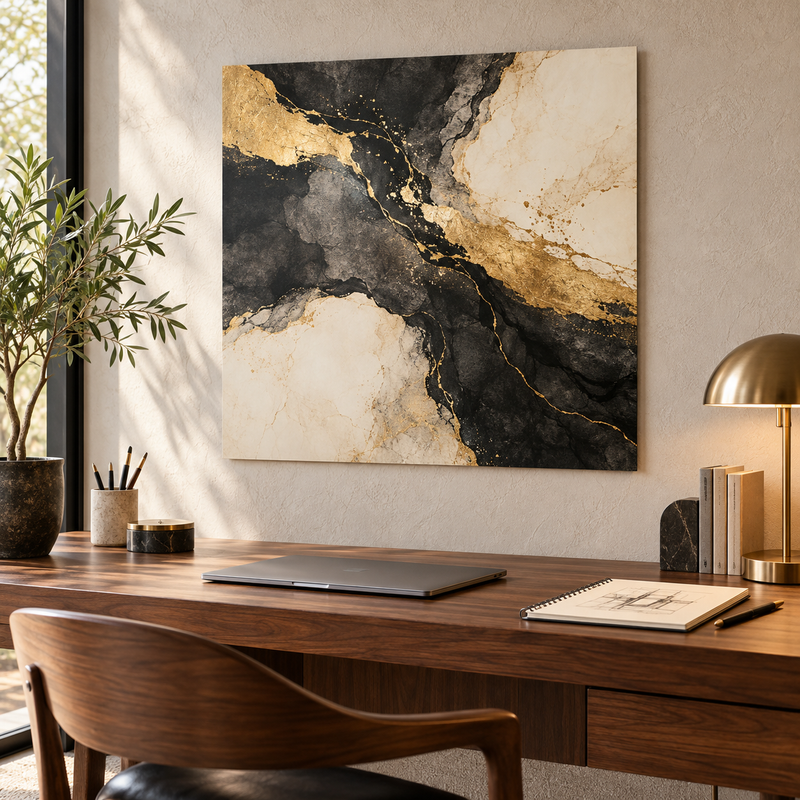 Modern office and studio with abstract Dibond metal wall art