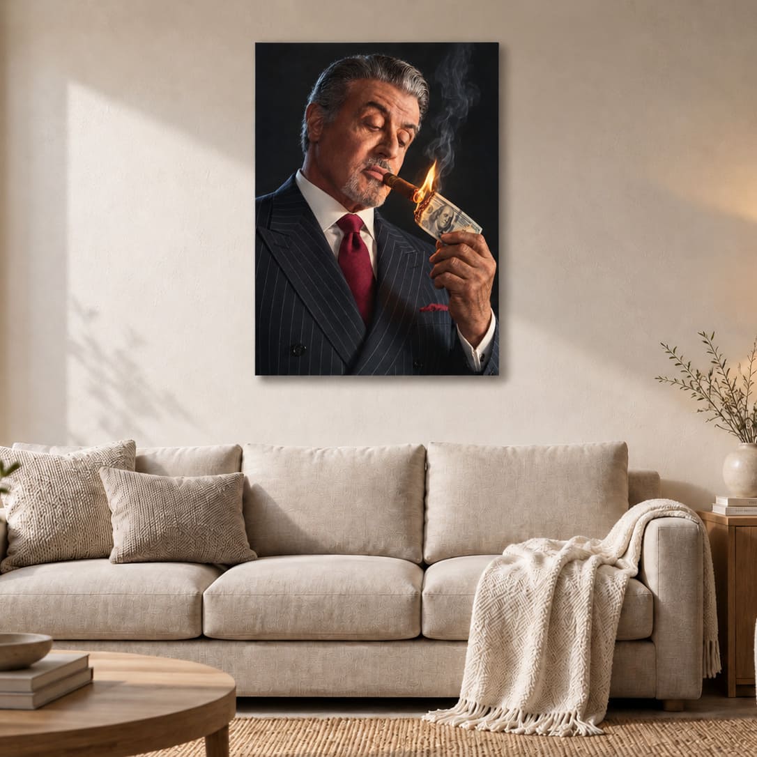 Sylvester Stallone Cigar Poster on Metal, Dark Portrait Wall Art
