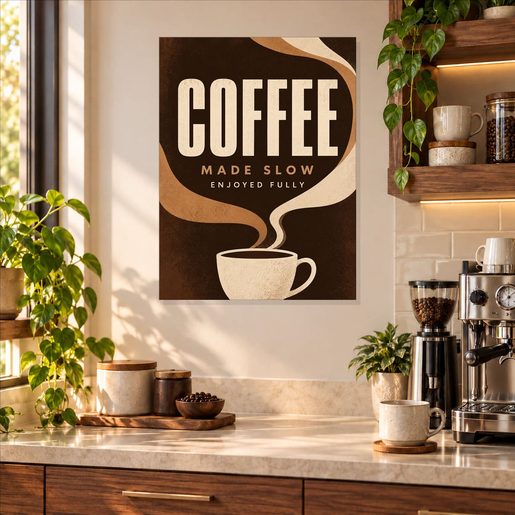Modern Coffee Kitchen Wall Art on Metal — featured view in a styled interior