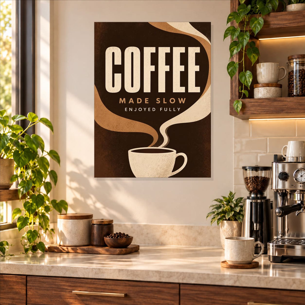 Modern Coffee Kitchen Wall Art on Metal — featured view in a styled interior