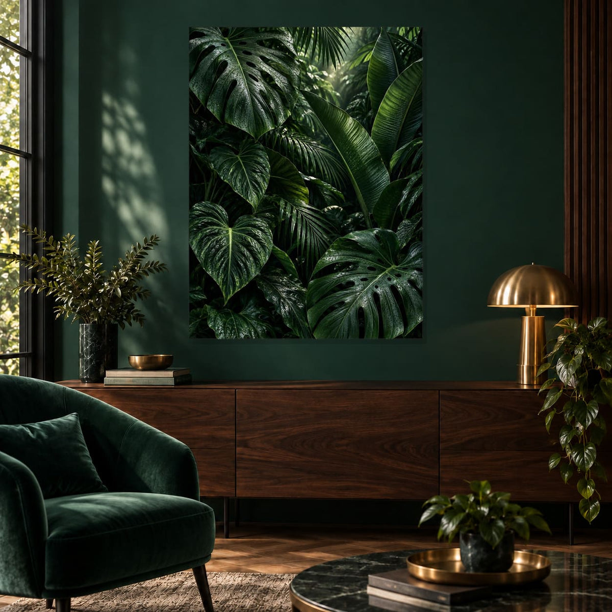 Dark Green Botanical Leaves Metal Wall Art — featured view in a styled interior
