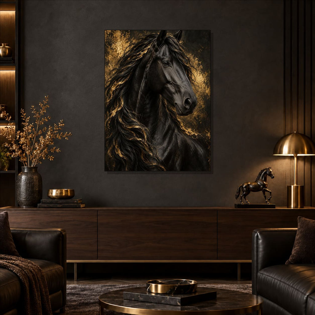 Black and Gold Horse Wall Art on Metal — featured view in a styled interior