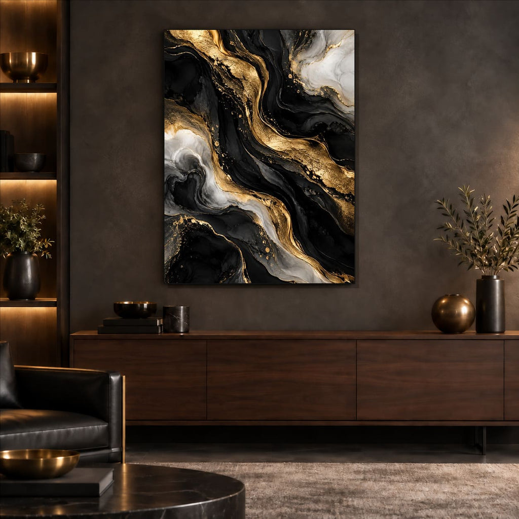 Black and Gold Abstract Metal Wall Art — featured view in a styled interior