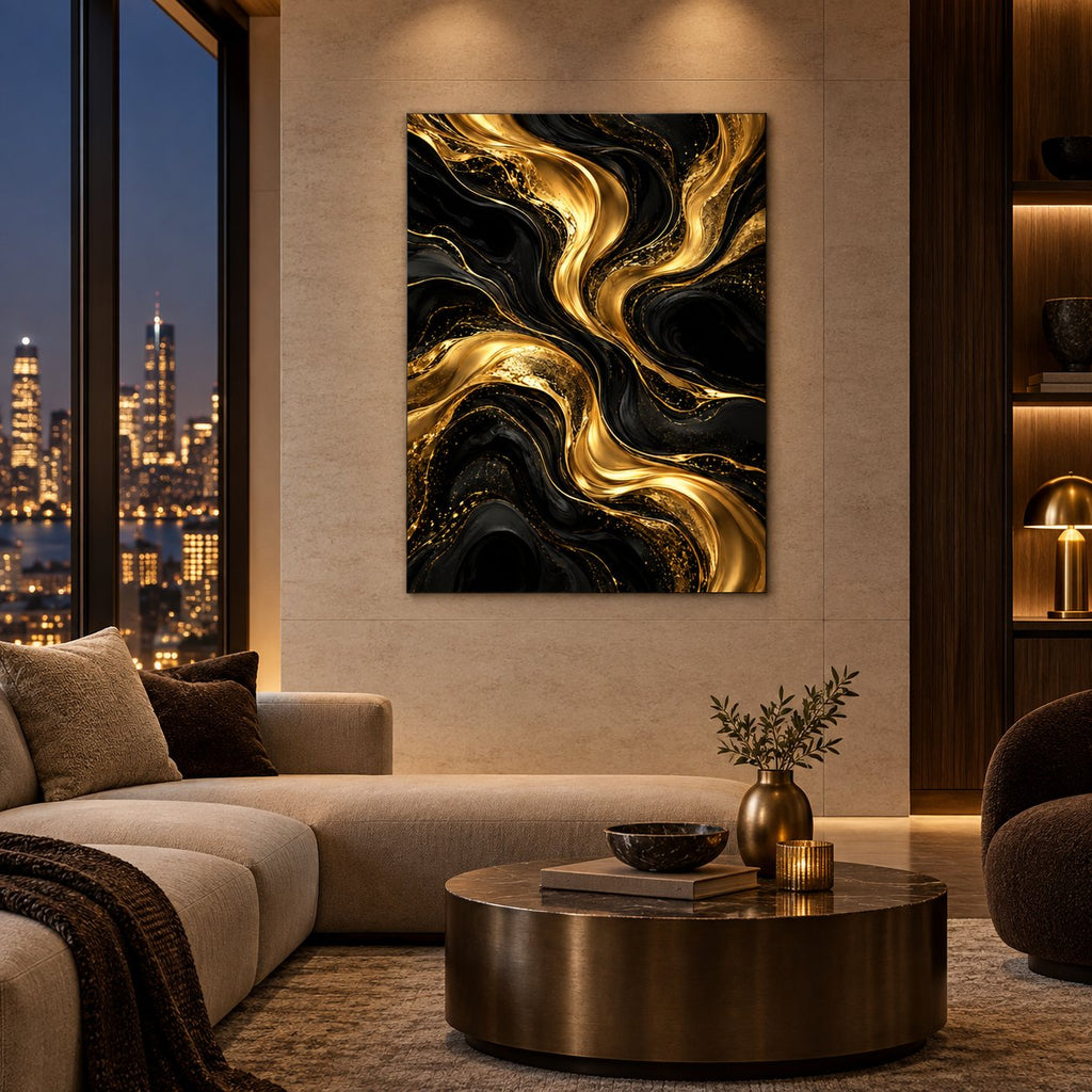 Midnight Gold Currents Abstract Metal Wall Art — featured view in a styled interior
