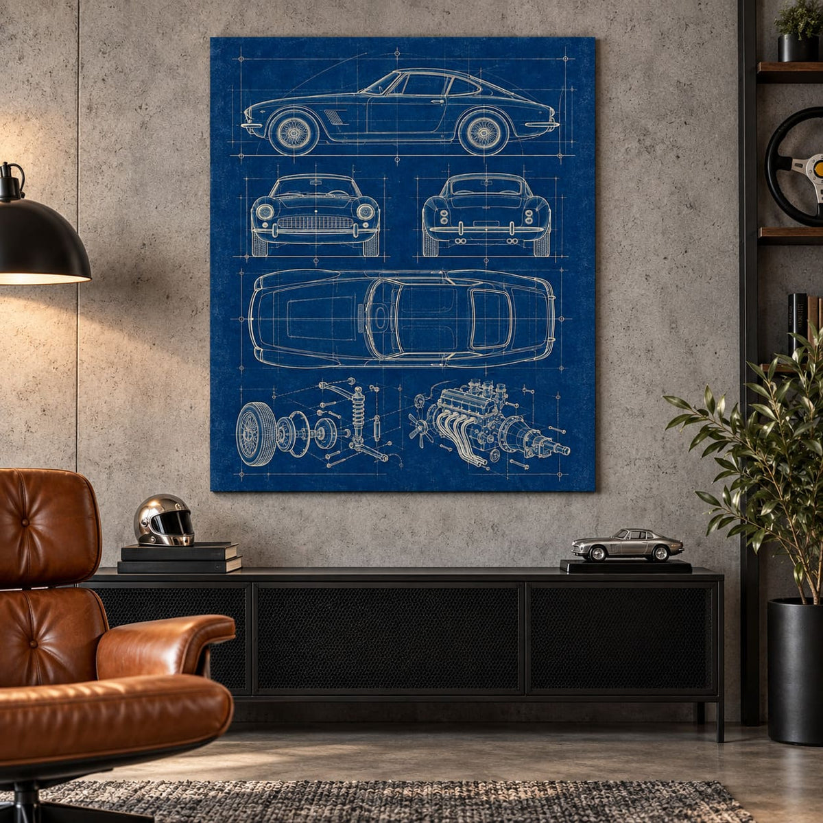 Classic Sports Car Blueprint Metal Wall Art — featured view in a styled interior