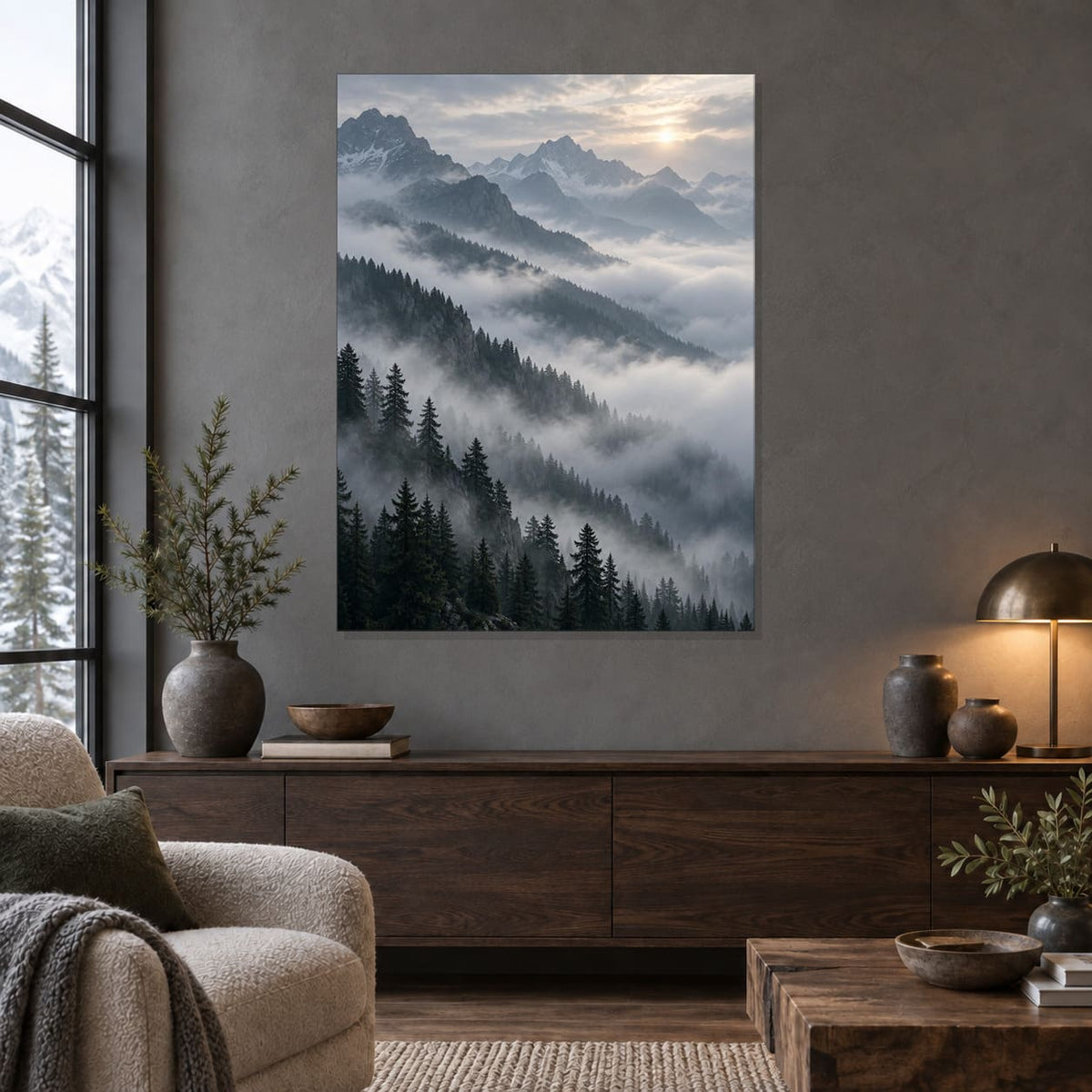 Foggy Mountain Landscape Metal Wall Art — featured view in a styled interior