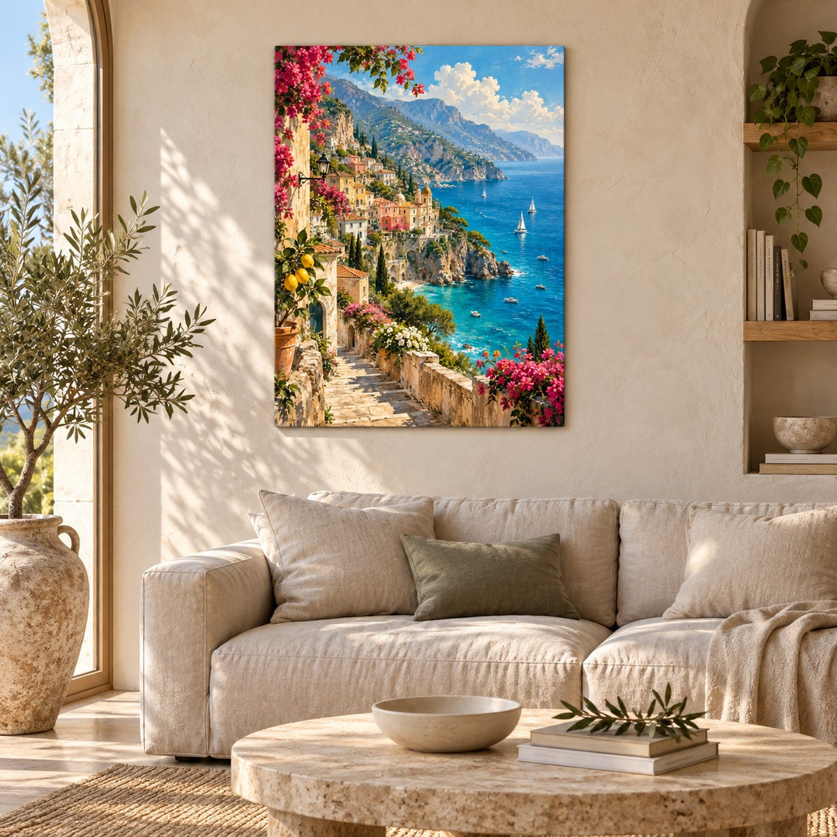 Vintage Amalfi Coast Landscape Metal Wall Art — featured view in a styled interior