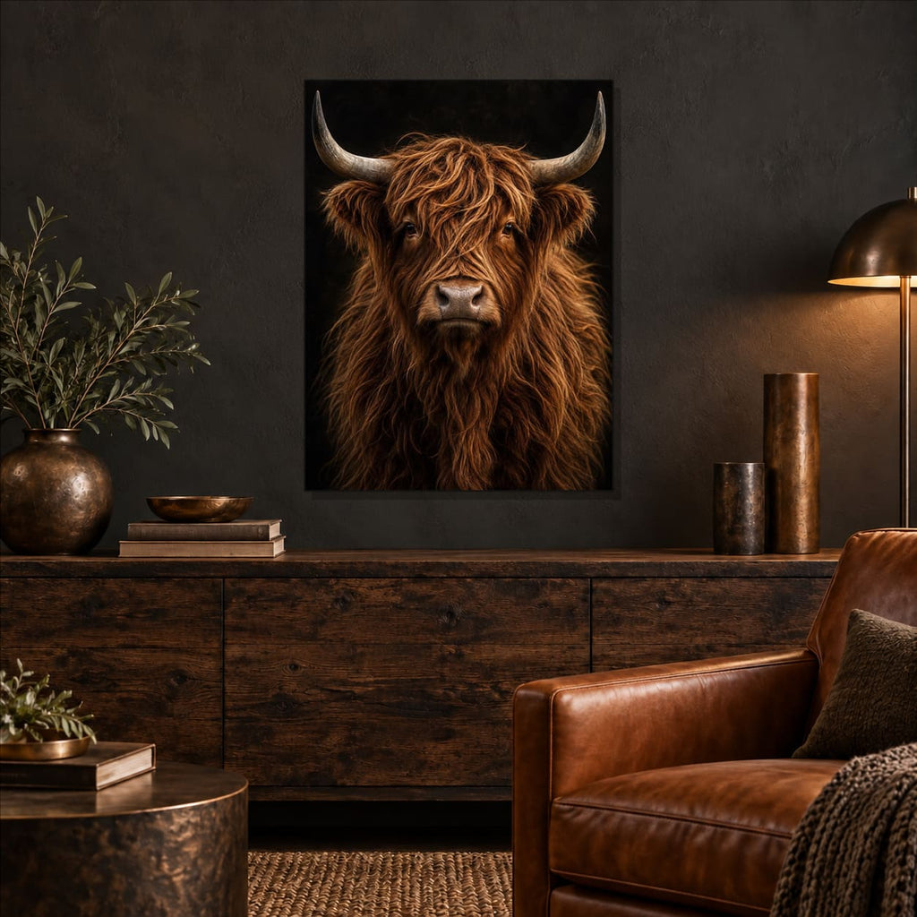 Highland Cow Wall Art – Dark Metal Portrait — featured view in a styled interior