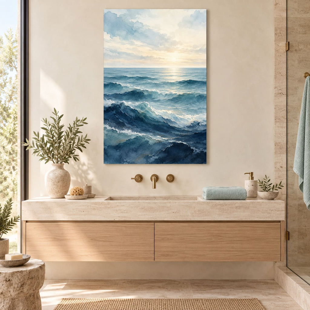 Bathroom Wall Art – Minimal Ocean Waves Metal Print — featured view in a styled interior