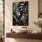 Bathroom Wall Art – Black Botanical Leaves Metal Print — featured view in a styled interior