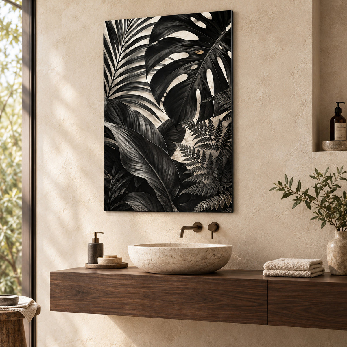 Bathroom Wall Art – Black Botanical Leaves Metal Print — featured view in a styled interior