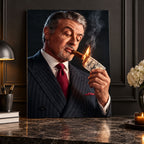 Sylvester Stallone Cigar Poster on Metal, Dark Portrait Wall Art