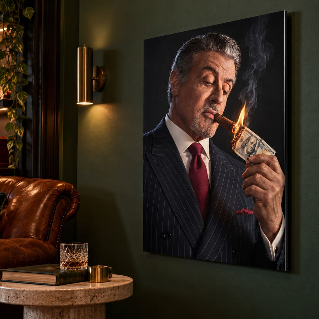 Sylvester Stallone Cigar Poster on Metal, Dark Portrait Wall Art