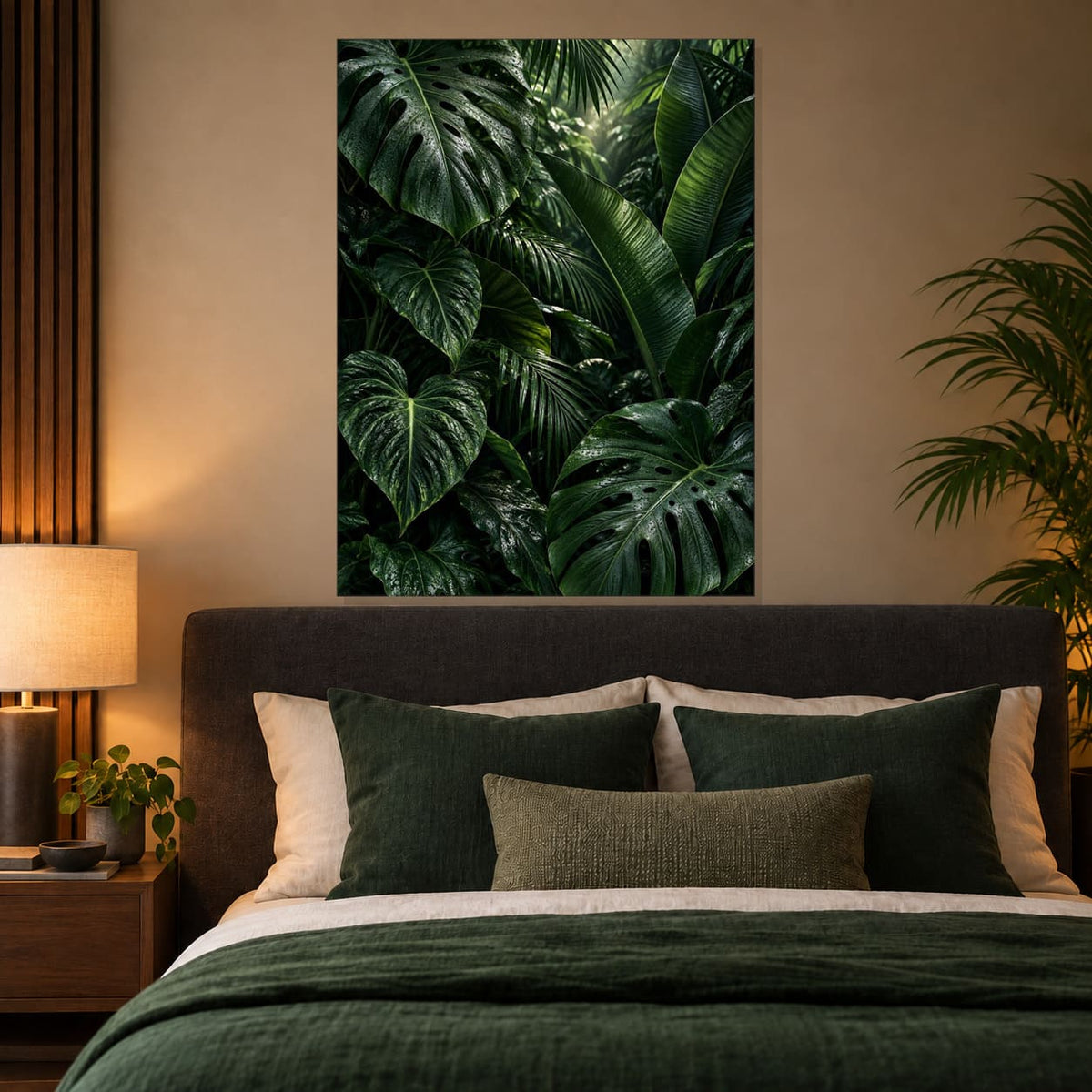 Dark Green Botanical Leaves Metal Wall Art — displayed in a modern living room