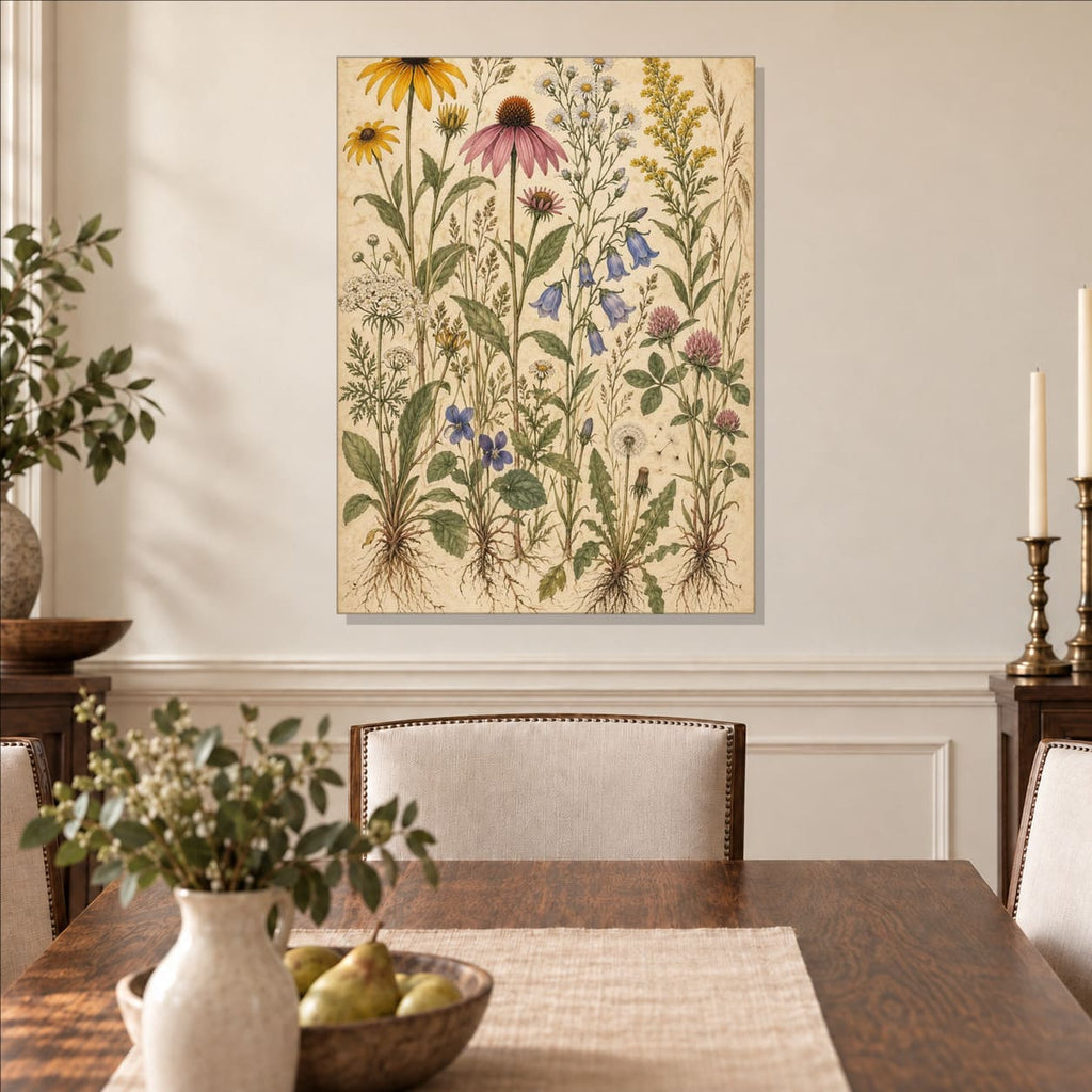 Vintage Botanical Wildflowers Metal Wall Art — displayed in a modern living room