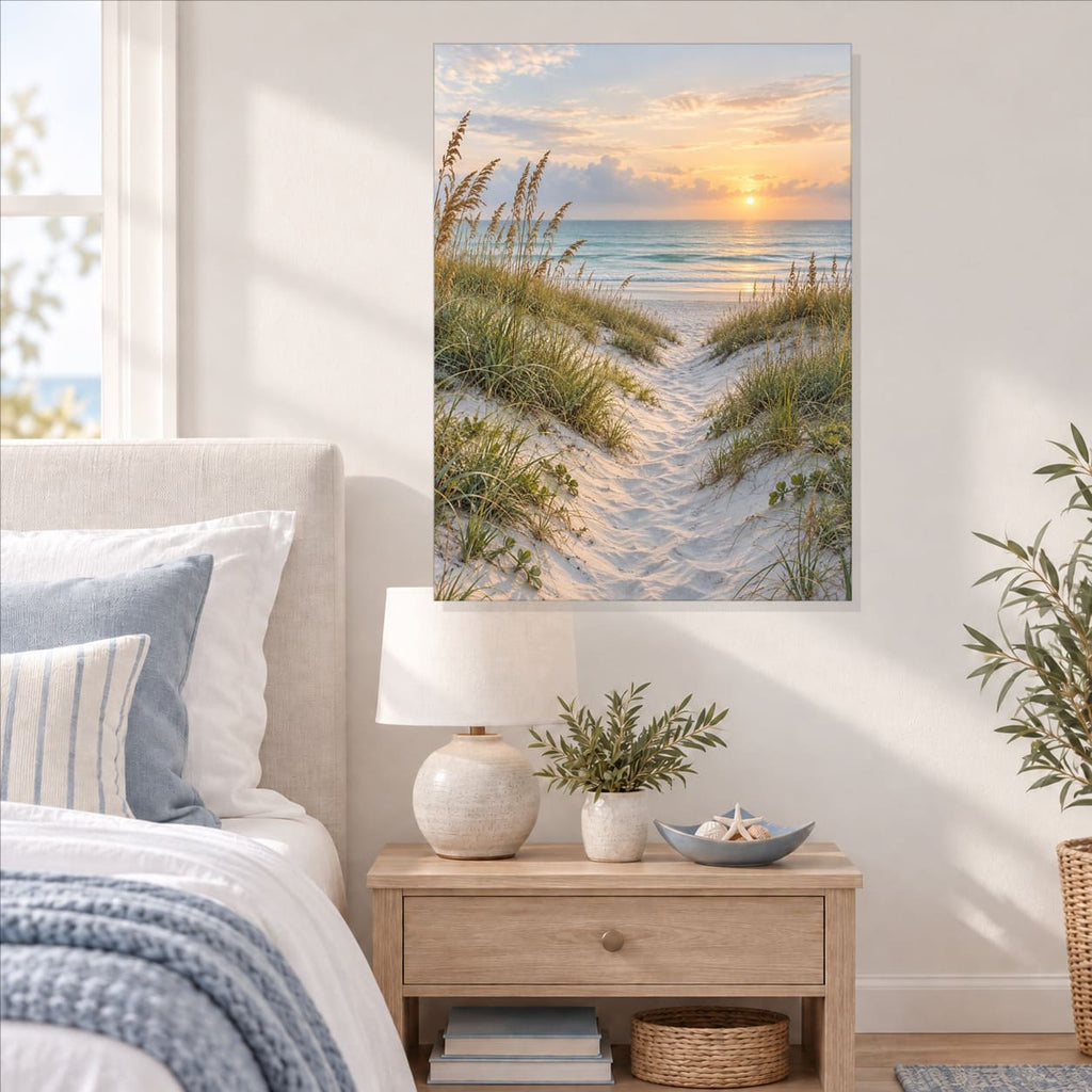Coastal Beach Path Metal Wall Art — displayed in a modern living room