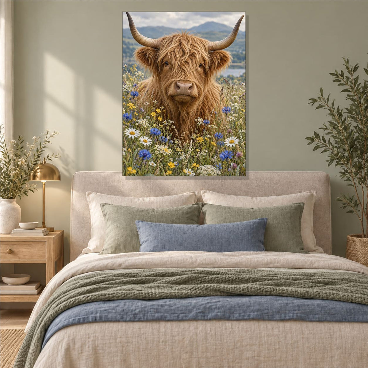 Highland Cow with Wildflowers Metal Wall Art — displayed in a modern living room