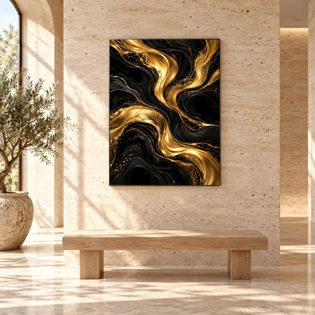 Midnight Gold Currents Abstract Metal Wall Art — displayed in a modern living room