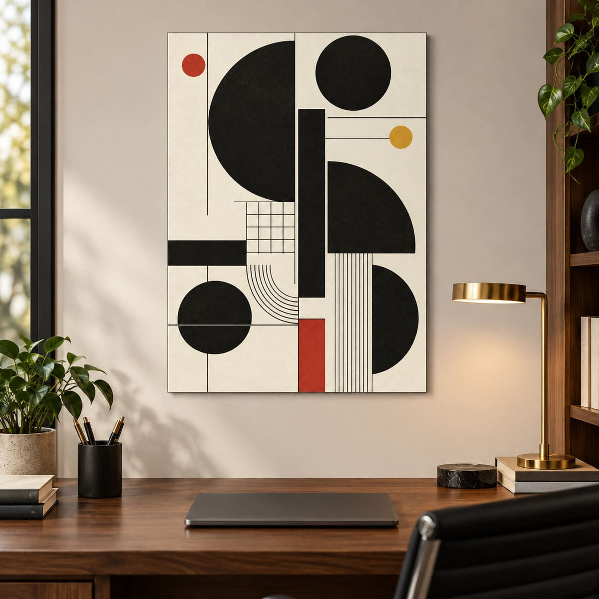 Black Geometric Bauhaus Metal Wall Art — displayed in a modern living room