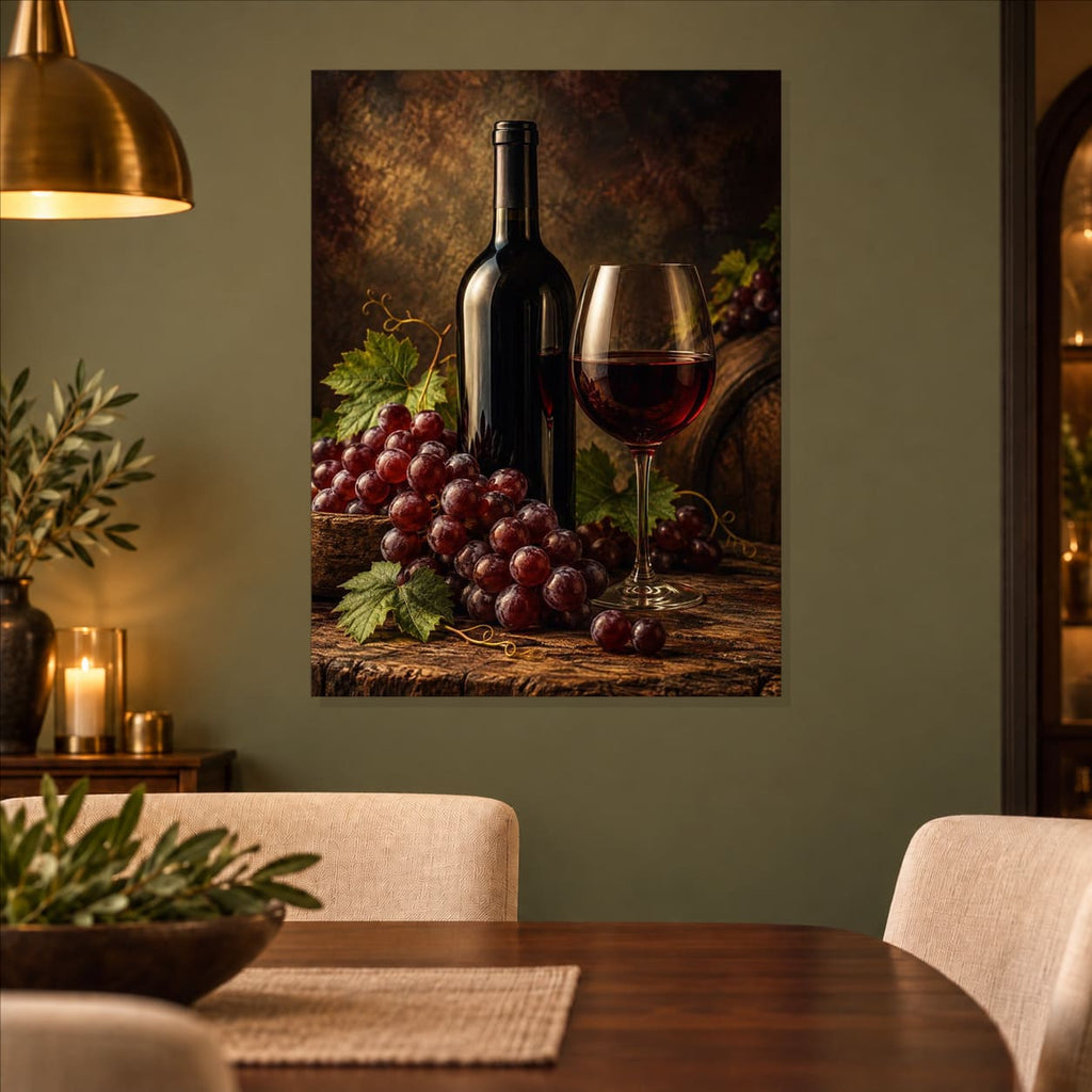 Vintage Wine Kitchen Wall Art on Metal — displayed in a modern living room