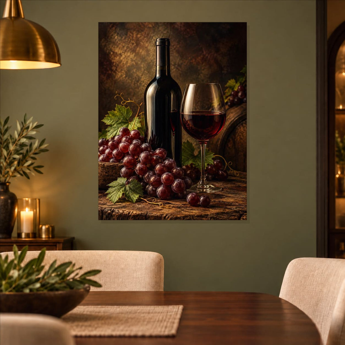 Vintage Wine Kitchen Wall Art on Metal — displayed in a modern living room