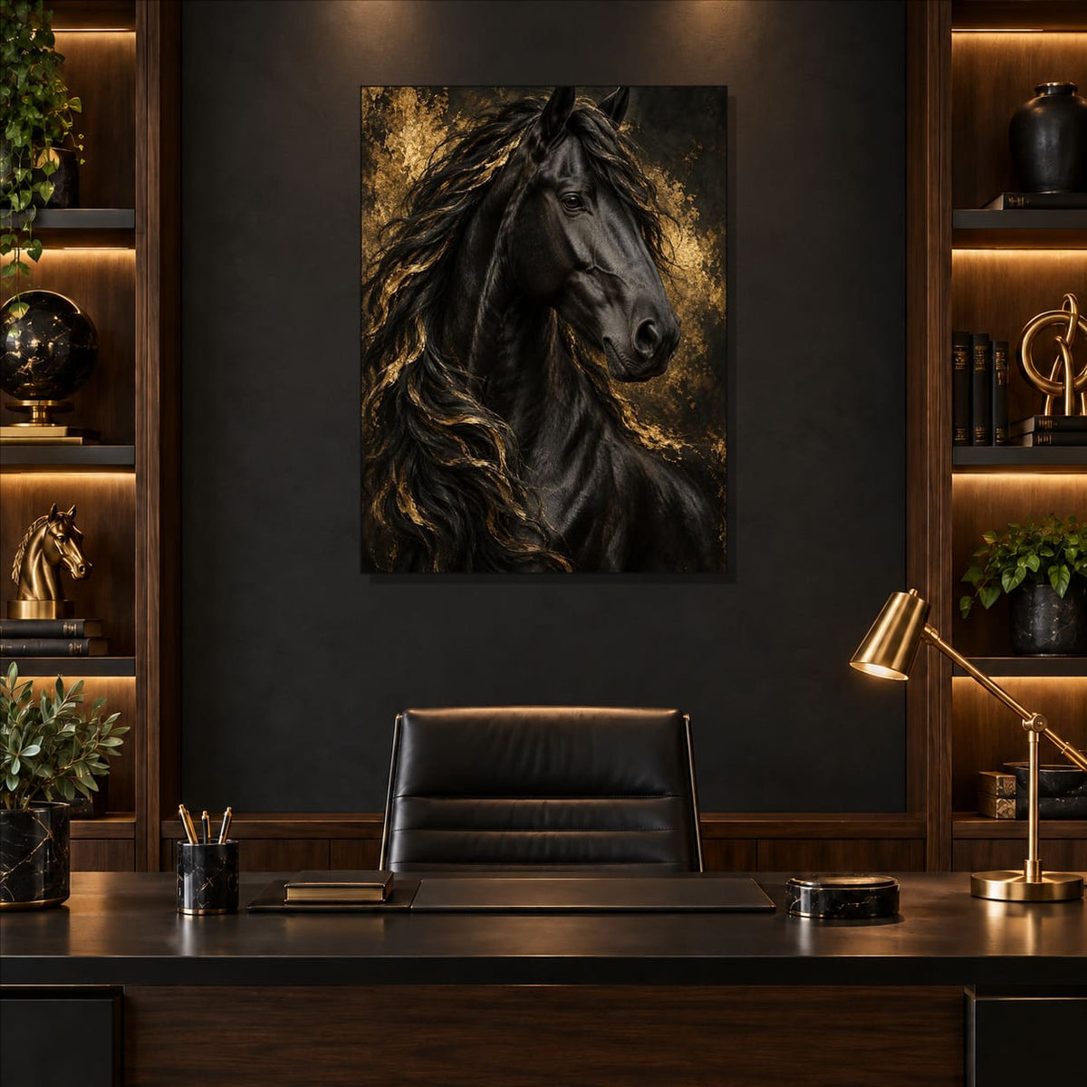 Black and Gold Horse Wall Art on Metal — displayed in a modern living room