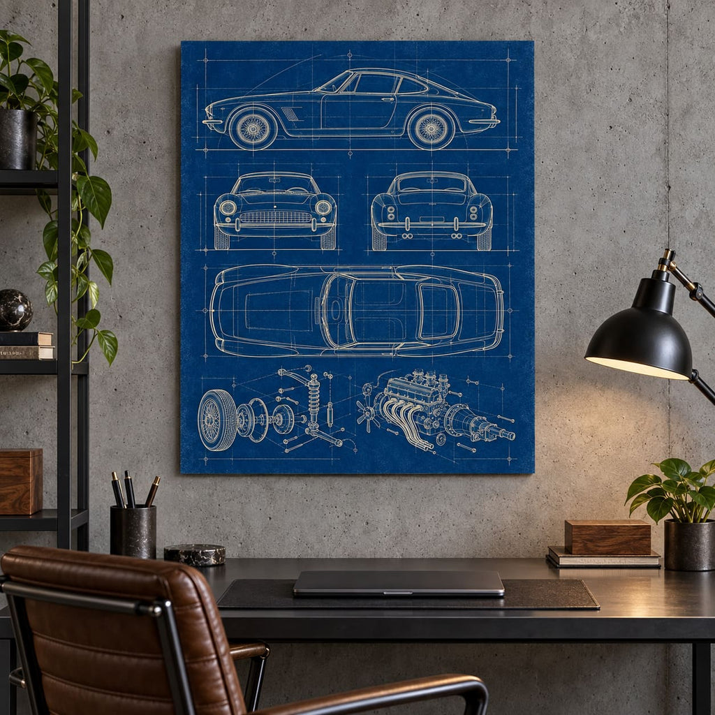 Classic Sports Car Blueprint Metal Wall Art — displayed in a modern living room