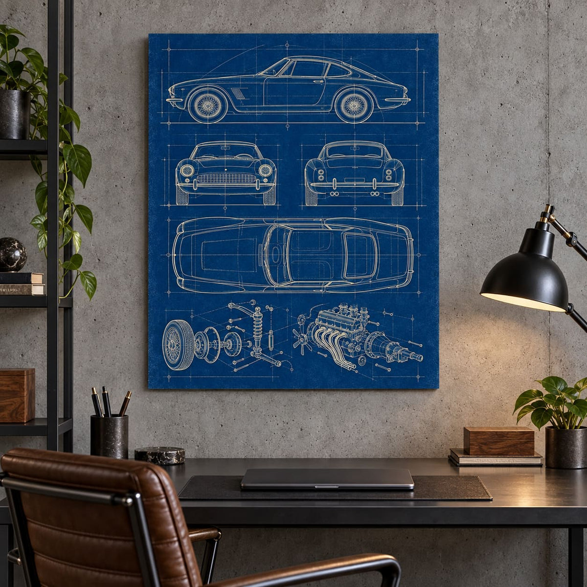 Classic Sports Car Blueprint Metal Wall Art — displayed in a modern living room