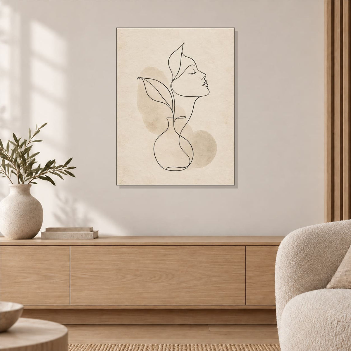 Minimalist Neutral Line Art Metal Print — displayed in a modern living room