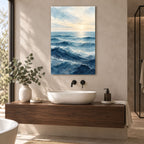 Bathroom Wall Art – Minimal Ocean Waves Metal Print — displayed in a modern living room