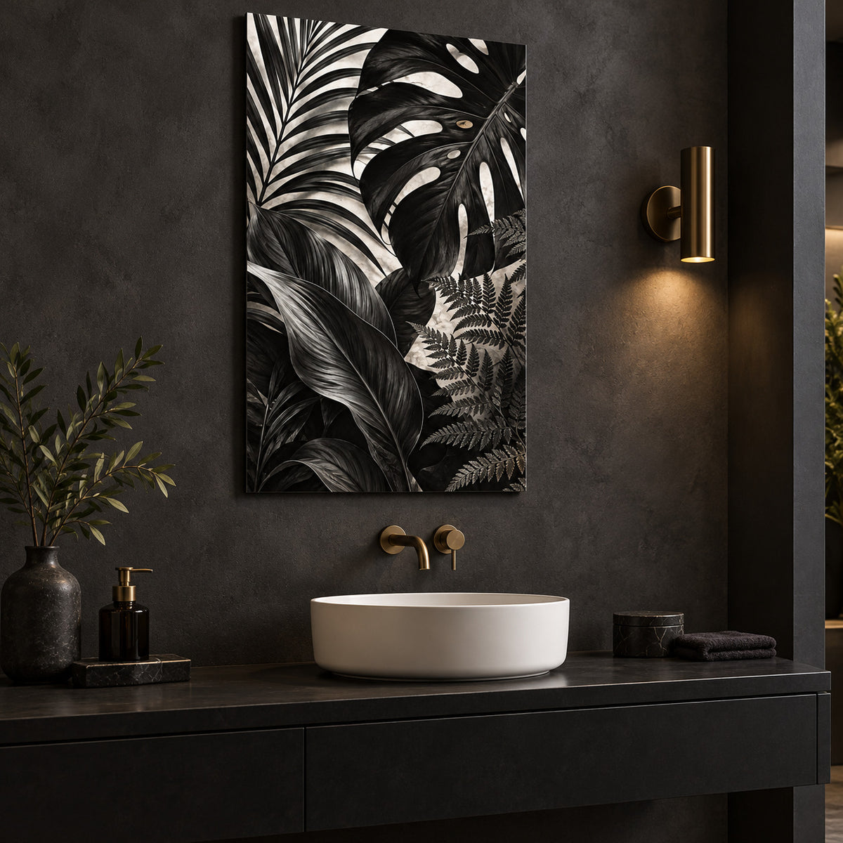Bathroom Wall Art – Black Botanical Leaves Metal Print — displayed in a modern living room