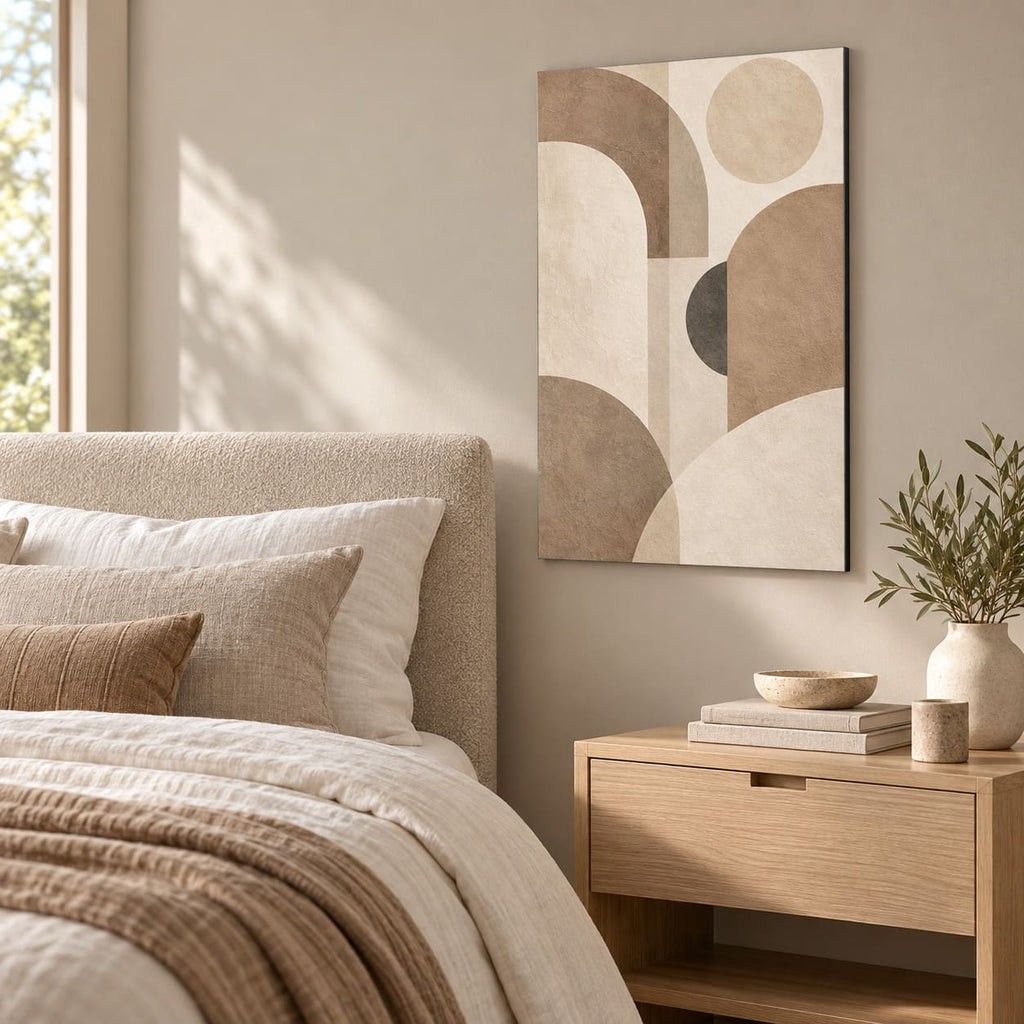 Neutral Beige Abstract Wall Art on Metal — displayed in a modern living room