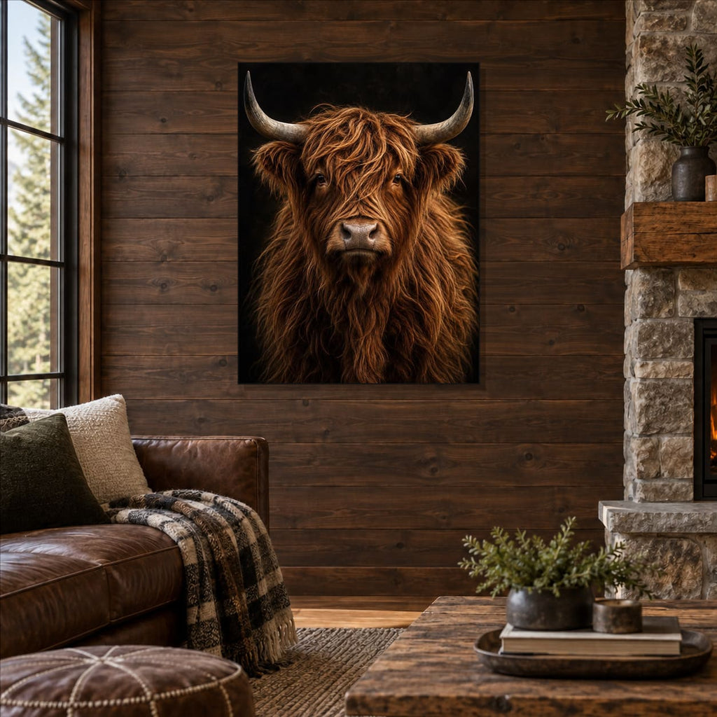 Highland Cow Wall Art – Dark Metal Portrait — displayed in a modern living room